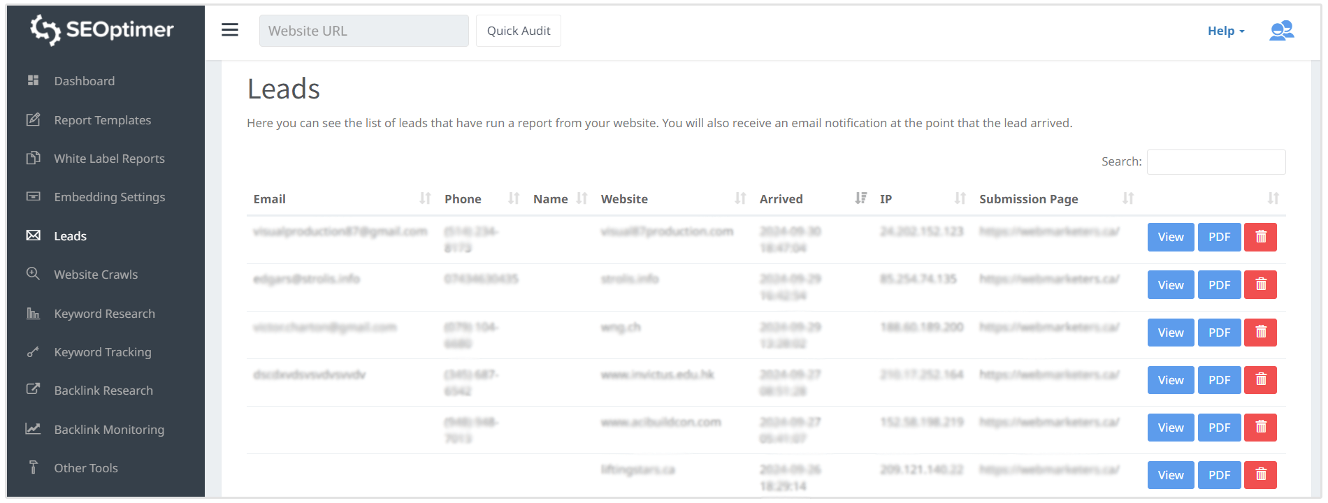 Leads in SEOptimer dashboard